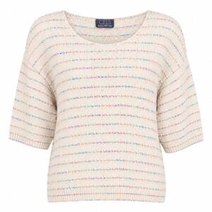 David Brett Vintage Short Sleeve Knit Sweater Cream Multi Color Striped Boxy L